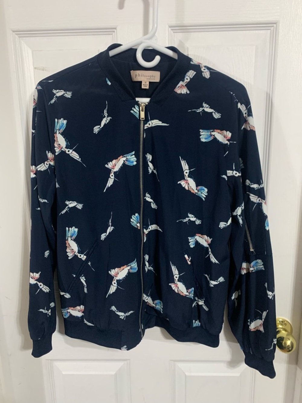 Philosophy Navy Bomber Jacket with Multicolored Hummingbird Print